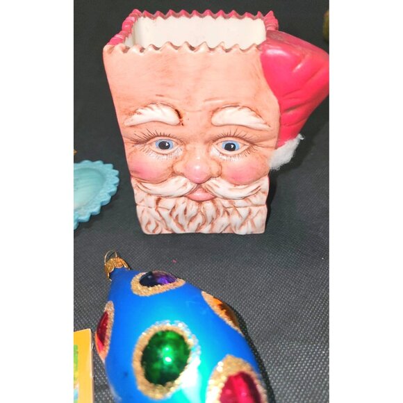 Vintage Christmas Decor Set Santa Plaque Santa Votive Holder Blue Jewelled Ornam - Picture 4 of 13